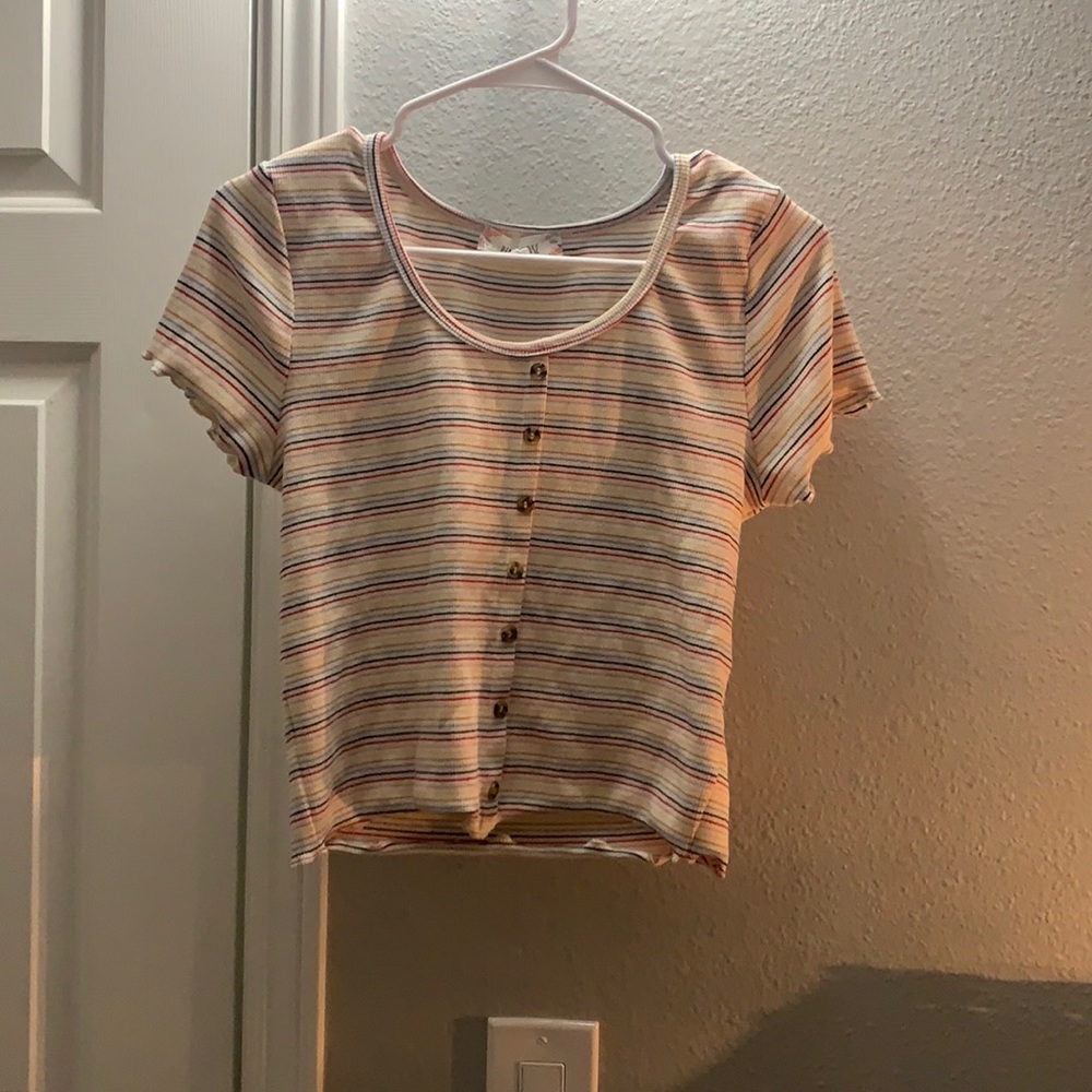 Pink Rose tee, size L, rainbow stripe